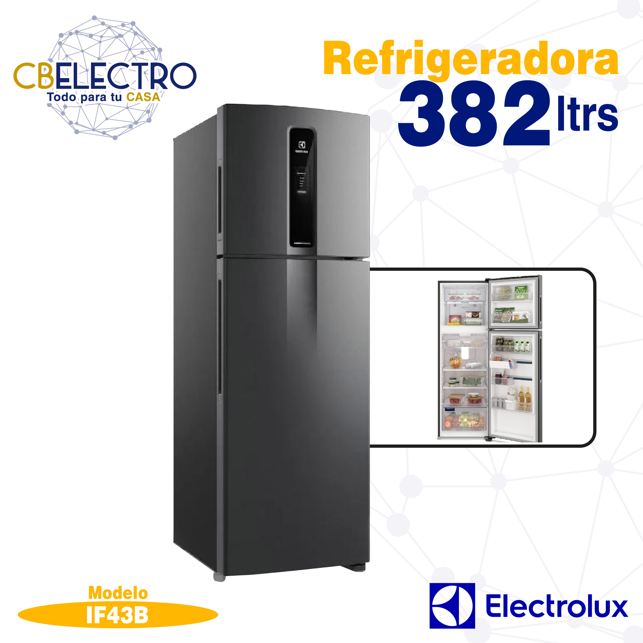 CBelectro - Refrigerador Indurama 12 pies Cromada Modelo RI-375 Dimensiones  Ancho: 62 cm Alto: 150 cm Profundidad: 67 cm Información general  *Eficiencia energética A *Sistema No Frost *Línea Avant Características  Zona exterior *